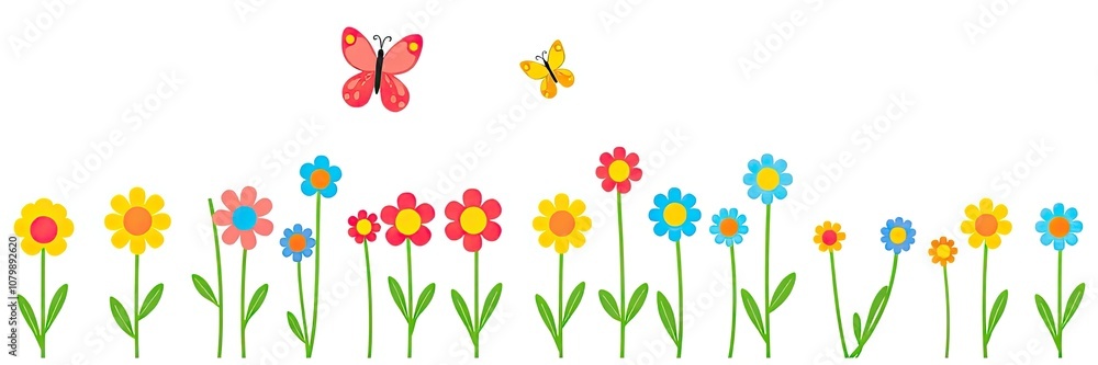 cheerful and vibrant illustration of a row of stylized flowers or tulips isolated on white background. a variety of colorful flowers in full bloom. flowers are supported by long, cheerful and vibrant illustration of a row of stylized flowers or tulips isolated on white background. a variety of colorful flowers in full bloom. flowers are supported by long,