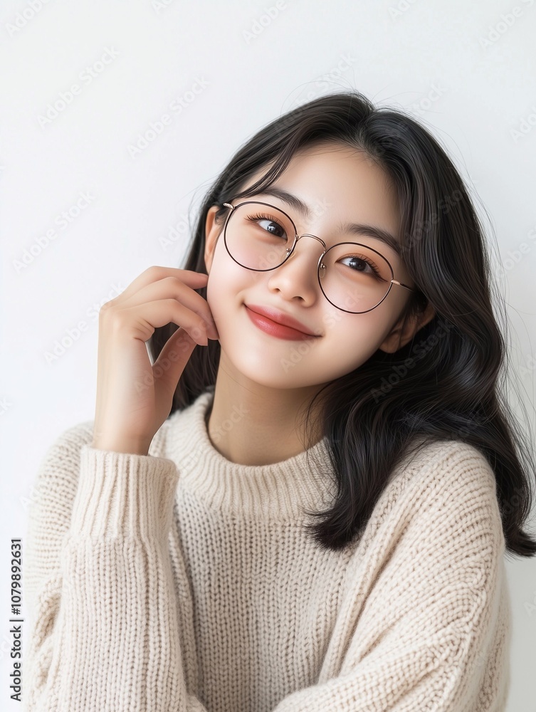 Happy young adult Korean woman wearing modern stylish eyeglasses for eyesight correction looking at camera, advertising glasses or optics store isolated on white background. Happy young adult Korean woman wearing modern stylish eyeglasses for eyesight correction looking at camera, advertising glasses or optics store isolated on white background.