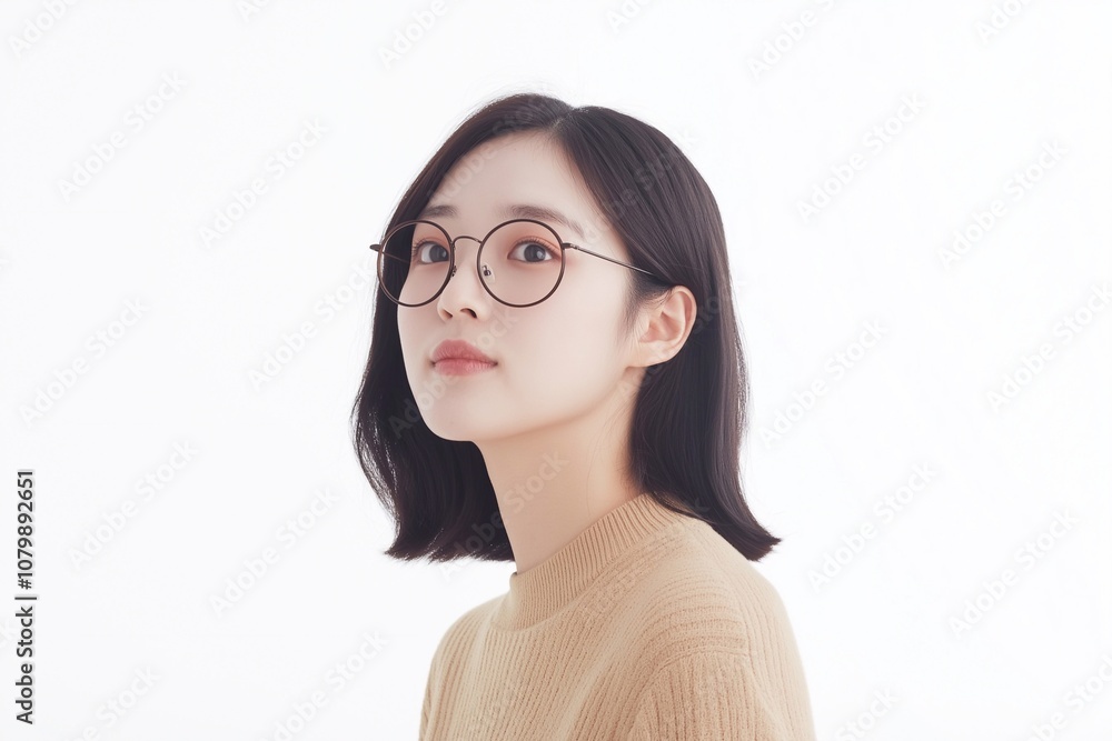 Happy young adult Korean woman wearing modern stylish eyeglasses for eyesight correction looking away, advertising glasses or optics store isolated on white background. Happy young adult Korean woman wearing modern stylish eyeglasses for eyesight correction looking away, advertising glasses or optics store isolated on white background.