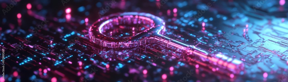 Integral encryption key in 3D, surrounded by digital data streams and secure network elements. Integral encryption key in 3D, surrounded by digital data streams and secure network elements.
