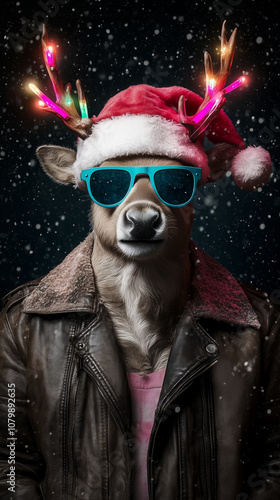 Punk Rock Santa Reindeer in Leather Jacket.