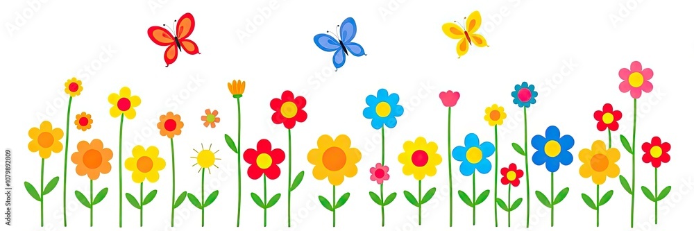 cheerful and vibrant illustration of a row of stylized flowers or tulips isolated on white background. a variety of colorful flowers in full bloom. flowers are supported by long, cheerful and vibrant illustration of a row of stylized flowers or tulips isolated on white background. a variety of colorful flowers in full bloom. flowers are supported by long,