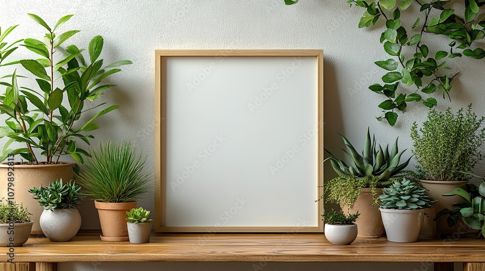 Stylish Minimalist Display: Blank Frame on Empty Table Surrounded by Lush Greenery, Potted Plants, and Wooden Shelves for a Cozy, Nature-Inspired Interior Design Stylish Minimalist Display: Blank Frame on Empty Table Surrounded by Lush Greenery, Potted Plants, and Wooden Shelves for a Cozy, Nature-Inspired Interior Design
