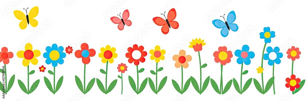 cheerful and vibrant illustration of a row of stylized flowers or tulips isolated on white background. a variety of colorful flowers in full bloom. flowers are supported by long, cheerful and vibrant illustration of a row of stylized flowers or tulips isolated on white background. a variety of colorful flowers in full bloom. flowers are supported by long,