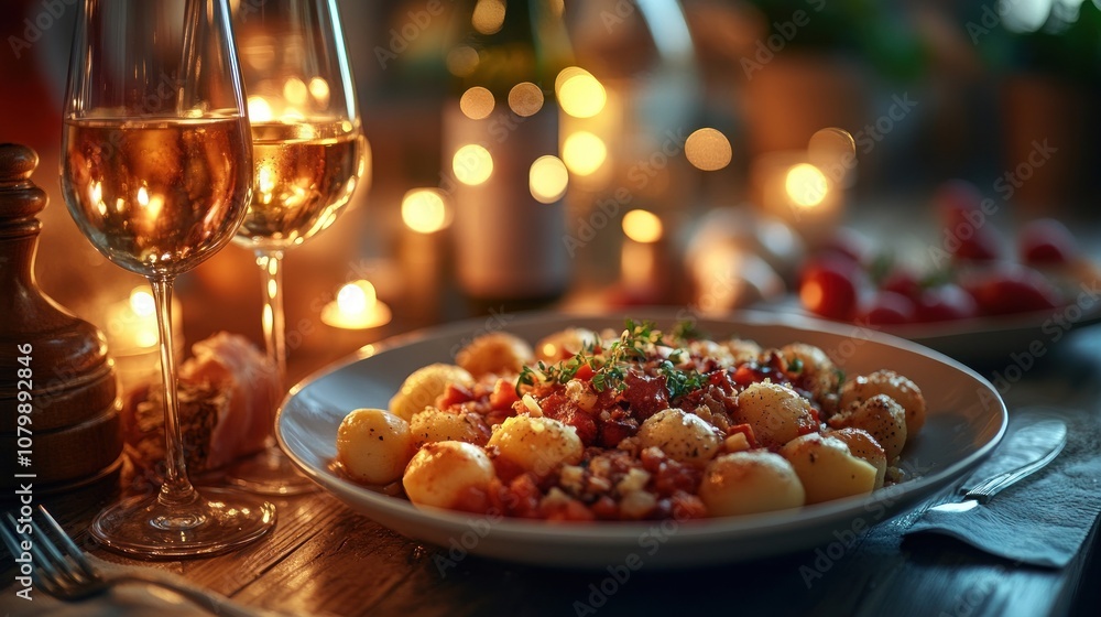 A cozy dinner setting with pasta, wine, and soft candlelight. A cozy dinner setting with pasta, wine, and soft candlelight.