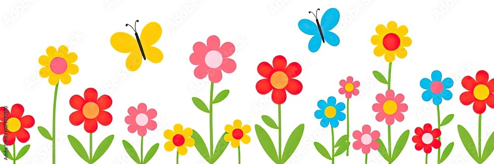 cheerful and vibrant illustration of a row of stylized flowers or tulips isolated on white background. a variety of colorful flowers in full bloom. flowers are supported by long, cheerful and vibrant illustration of a row of stylized flowers or tulips isolated on white background. a variety of colorful flowers in full bloom. flowers are supported by long,