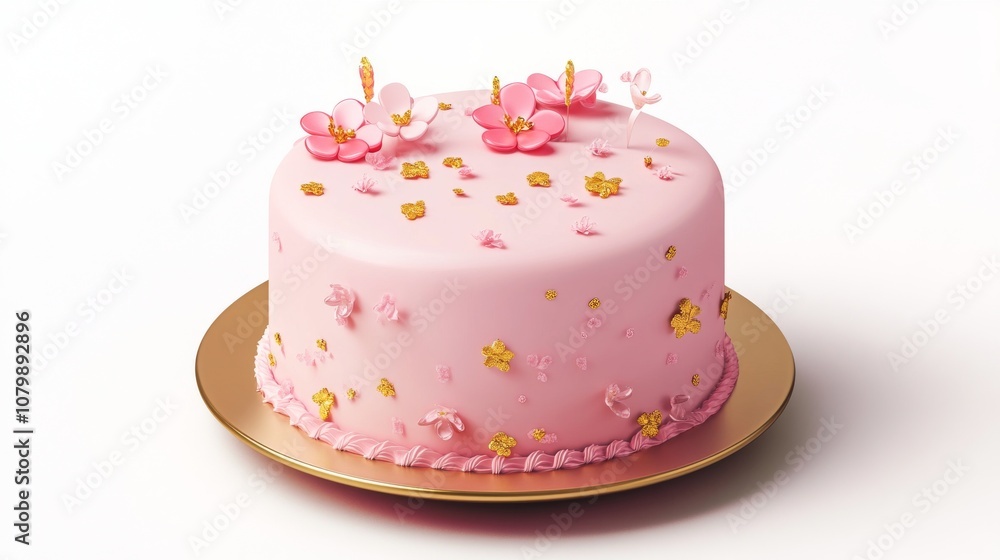 3.A 3D-rendered birthday cake vector icon featuring a tall, round cake with vibrant pink frosting, scattered with delicate sugar flowers and gold accents. The cake sits on a smooth plate with a 3.A 3D-rendered birthday cake vector icon featuring a tall, round cake with vibrant pink frosting, scattered with delicate sugar flowers and gold accents. The cake sits on a smooth plate with a