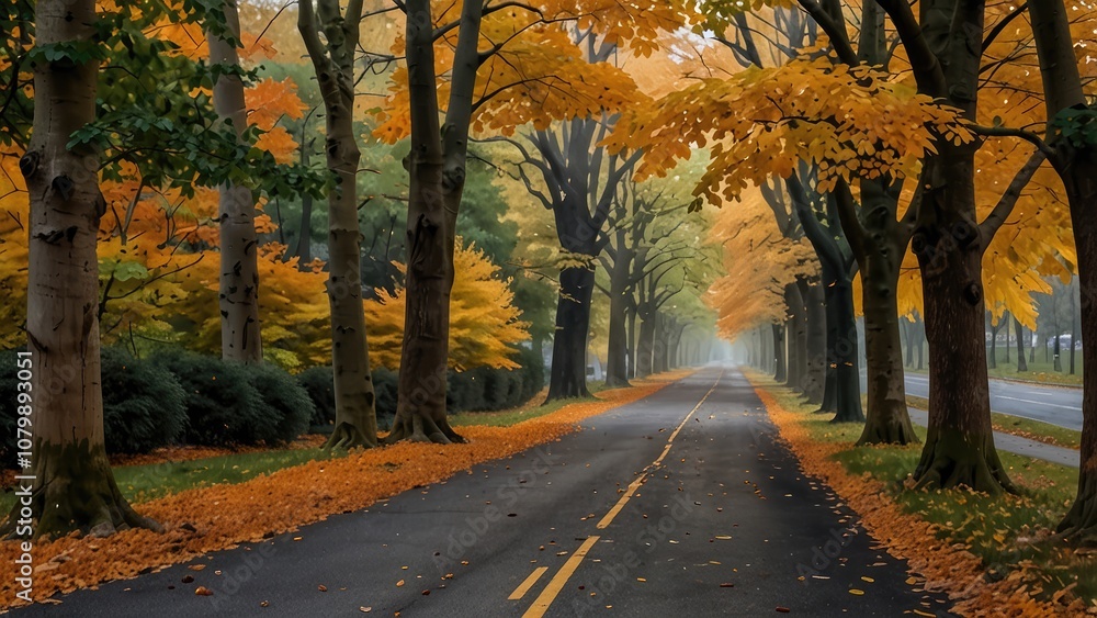 Fototapeta premium As you walk down the quiet city road, the vibrant hues of autumn surround you, creating a picturesque scene that is both calming and invigorating. 