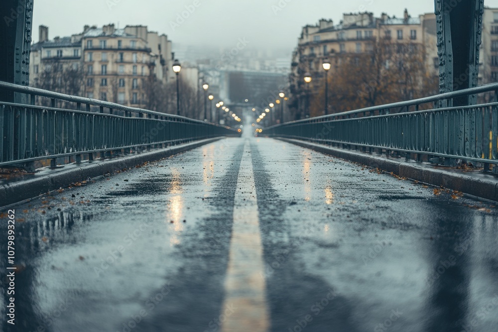 Fototapeta premium A wet and empty Parisian bridge on a foggy day.
