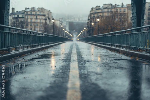 A wet and empty Parisian bridge on a foggy day. photo