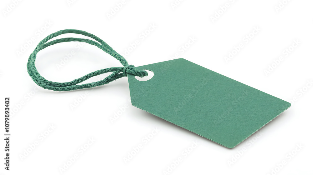 Fototapeta premium A vibrant green tag featuring a smooth surface and a secure tie, perfect for labeling items and enhancing organization on white background 