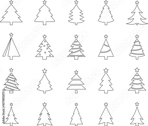 Christmas Tree simple line icons vector set. Christmas Tree with star thin line icons set. Linear fir, pine icon collection. New year holiday, Christmas symbol isolated on white vector Illustration.