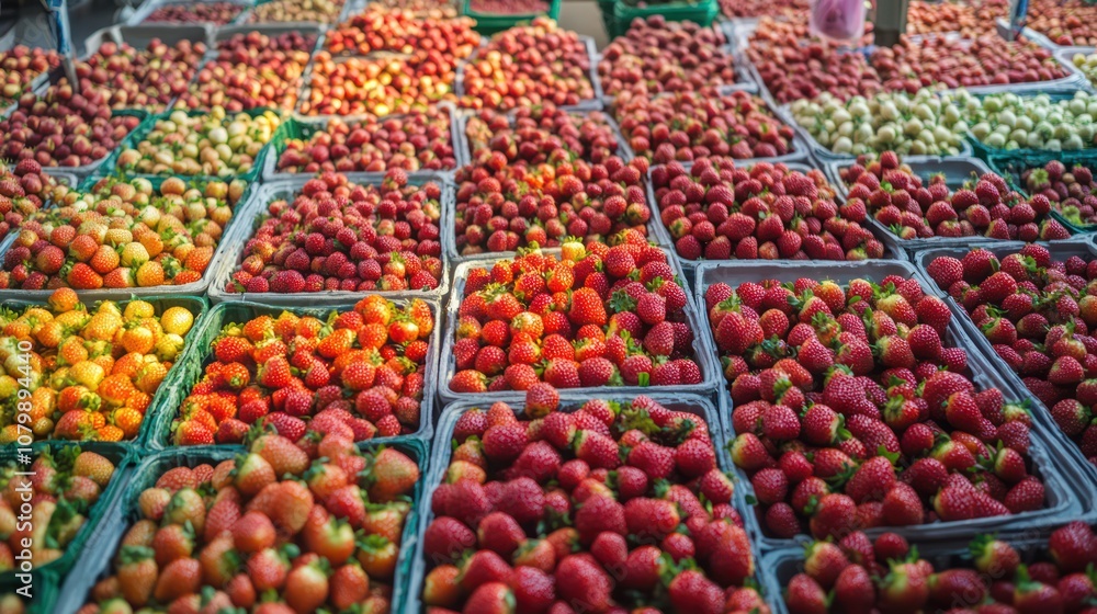 Strawberry farm in Japan, organized greenhouse setup with ripe strawberries, vibrant colors. Strawberry farm in Japan, organized greenhouse setup with ripe strawberries, vibrant colors.