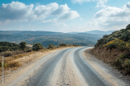 A winding dirt road leads through rolling hills under a clear blue sky.