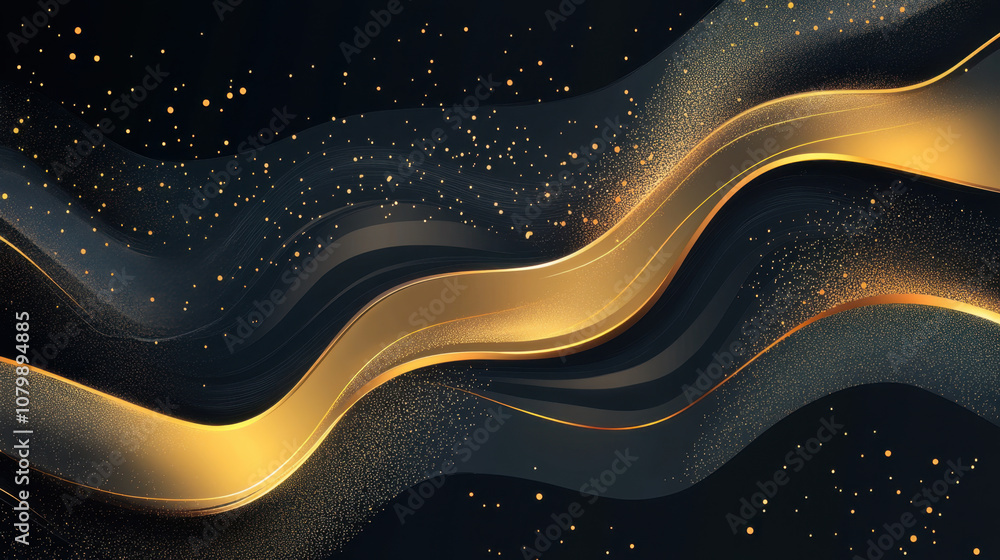 Elegant gold waves flow across dark background, creating luxurious and dynamic design. shimmering particles enhance visual appeal, evoking sense of sophistication and style Elegant gold waves flow across dark background, creating luxurious and dynamic design. shimmering particles enhance visual appeal, evoking sense of sophistication and style
