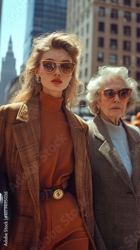 an model wearing a fashion outfit runway, walking on a New York street. Next to her is another older lady dressed normally.  photo