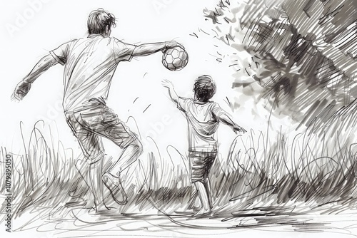 Dad and son are playing ball. drawing.