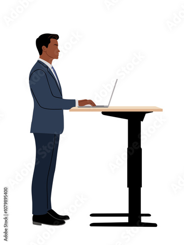 Businessman working on laptop at contemporary workspace. Business Man in formal suit at modern area with ergonomic furniture, computer. Vector illustration on transparent background.