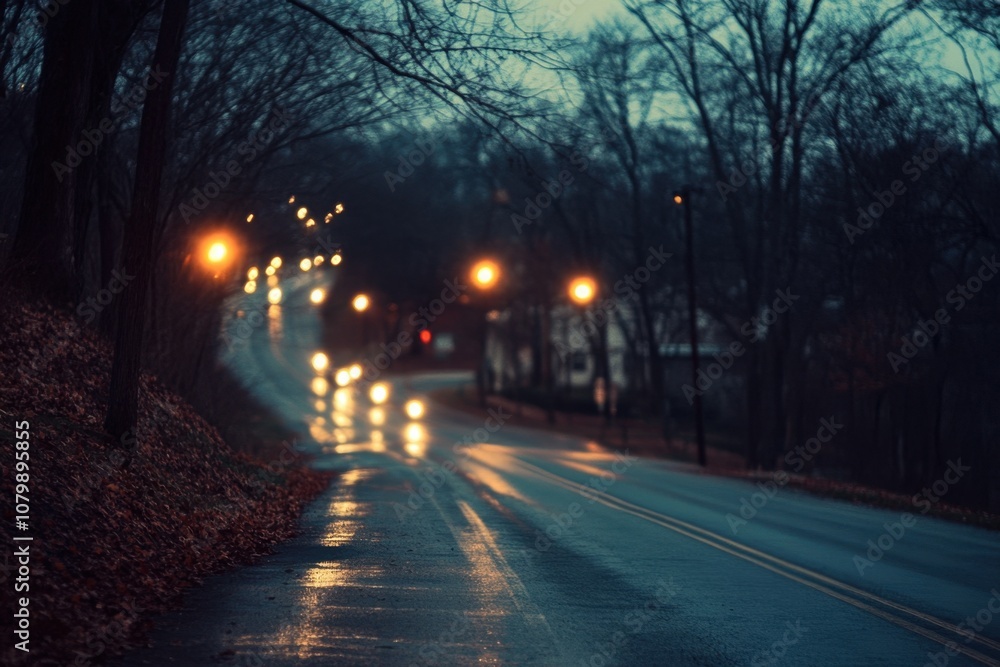 A winding road through a wooded area at dusk. A winding road through a wooded area at dusk.