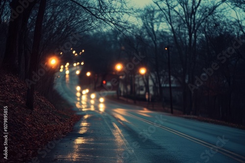 A winding road through a wooded area at dusk.