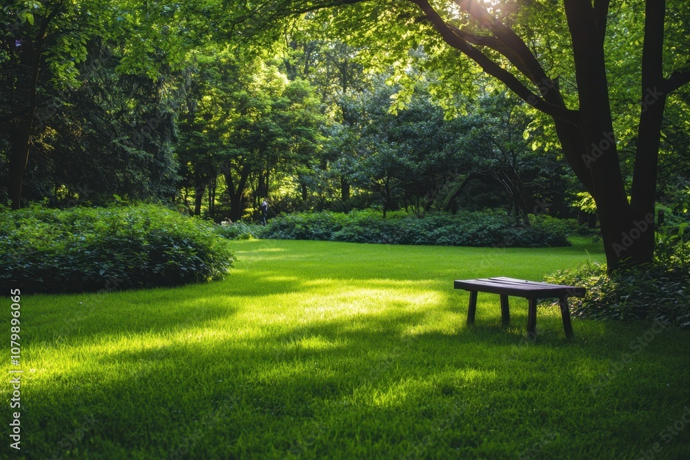 A wooden bench sits alone on a grassy lawn surrounded by lush greenery and sunlight. A wooden bench sits alone on a grassy lawn surrounded by lush greenery and sunlight.