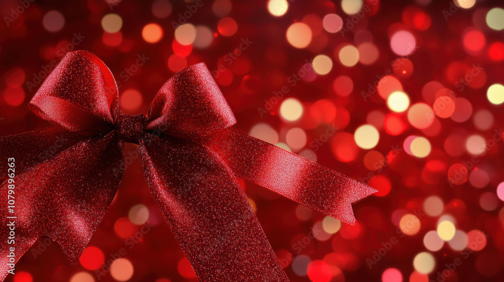 vibrant red Christmas ribbon with beautiful bow stands out against blurred background of festive bokeh lights, creating joyful and celebratory atmosphere vibrant red Christmas ribbon with beautiful bow stands out against blurred background of festive bokeh lights, creating joyful and celebratory atmosphere