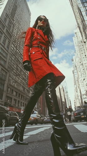 an model wearing a fashion outfit runway, walking on a New York street. 