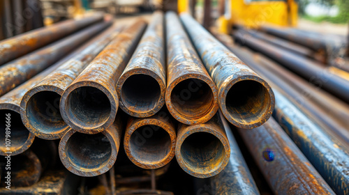 Rusty metal pipes stacked together, showcasing their cylindrical shapes and textures. industrial setting evokes sense of raw materials and construction photo