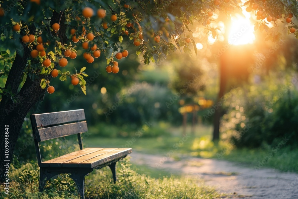 Naklejka premium A wooden bench sits under a tree with oranges on a sunny day.