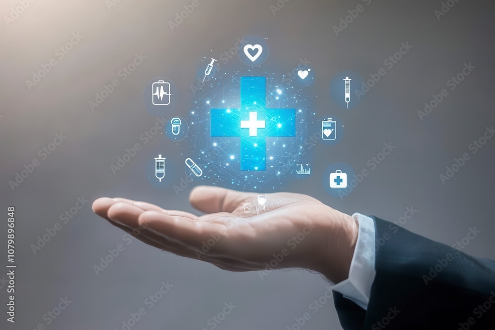 Holographic Medical Cross with Healthcare Icons in a Businessman’s Hand Holographic Medical Cross with Healthcare Icons in a Businessman’s Hand