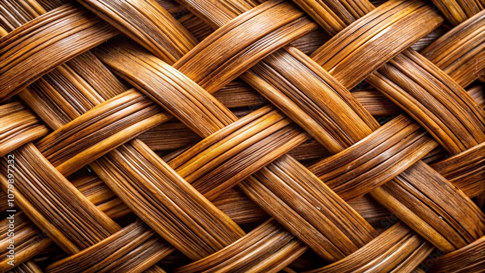 Close-up view of a woven basket surface featuring intricate interlaced strands of natural brown fibers Close-up view of a woven basket surface featuring intricate interlaced strands of natural brown fibers