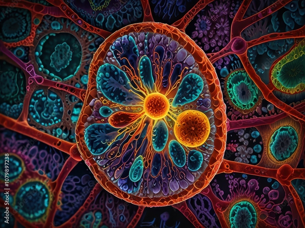 Obraz premium Vibrantly Pulsating Eukaryote Cell with Bustling Organelles and Shimmering Nucleus