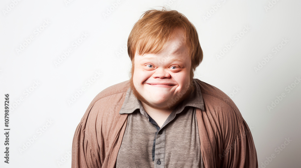 Portrait of smiling laughing teenager guy with Down syndrome white background. Portrait of smiling laughing teenager guy with Down syndrome white background.