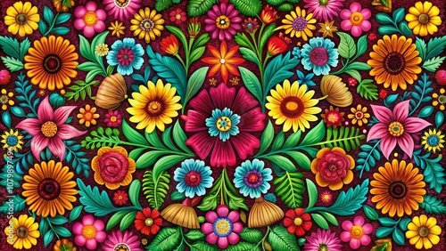 A vibrant tapestry of stylized flowers in a rich palette of hues, showcasing a captivating blend of whimsical charm and artistic detail.