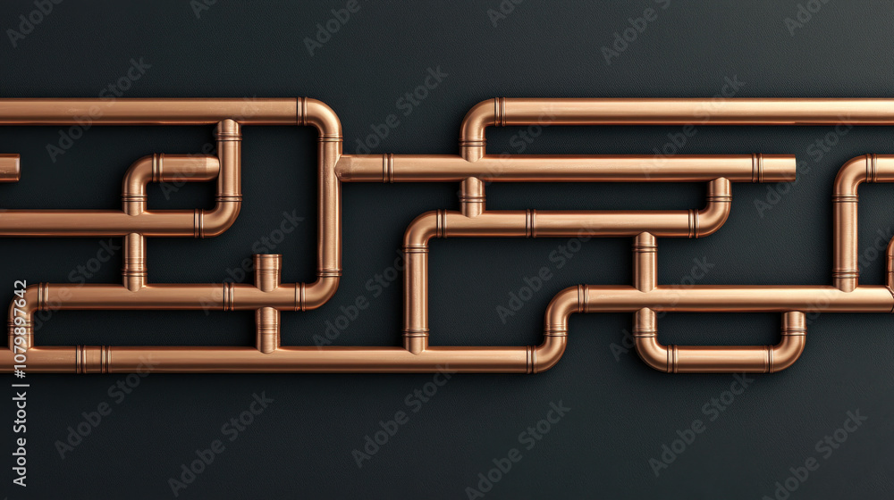 Fototapeta premium Copper pipes create intricate pattern against dark background, showcasing their shiny surface and unique shapes. This commercial photograph highlights beauty of industrial design