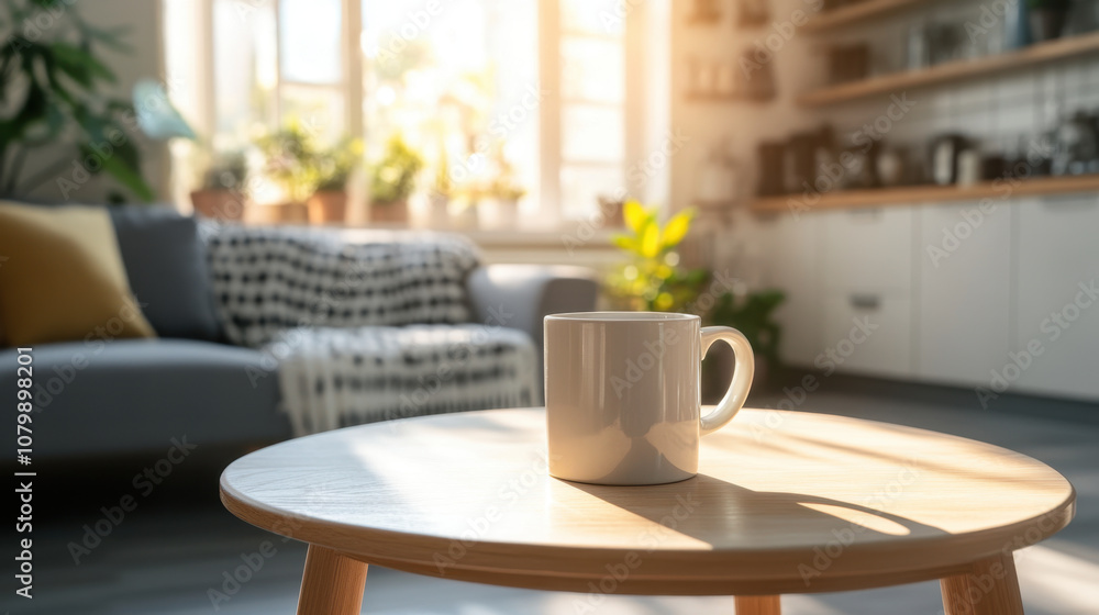 cozy coffee mug sits on wooden table, surrounded by warm, inviting living space filled with plants and natural light. atmosphere is serene and relaxing cozy coffee mug sits on wooden table, surrounded by warm, inviting living space filled with plants and natural light. atmosphere is serene and relaxing