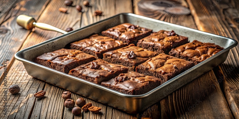 A rustic wooden table displays a baking pan filled with freshly baked squares of chocolatey goodness, with a golden spatula leaning casually nearby. A rustic wooden table displays a baking pan filled with freshly baked squares of chocolatey goodness, with a golden spatula leaning casually nearby.