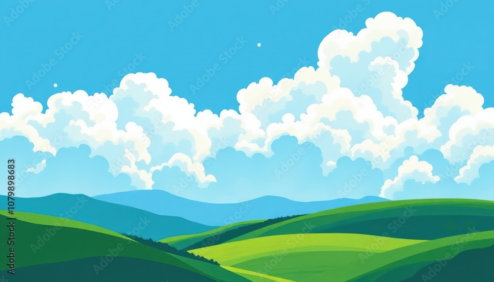 Fototapeta premium Green mountains with white clouds in sunny weather