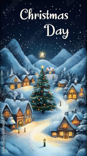 A snow-covered village at night, houses glowing with warm lights and a Christmas tree in the town square, with the text 