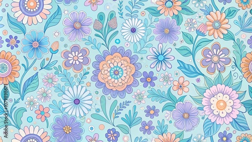 A Pastel Floral Pattern Featuring Various Bloom Shapes with Delicate Blue and Purple Tones on a Soft Blue Background