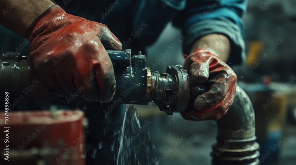 Fototapeta premium Expert Plumber Fixing a Leaky Pipeline