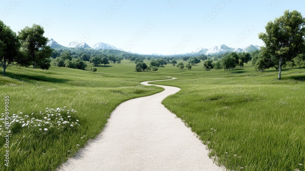Naklejka premium Serene winding path through a lush green landscape with mountains.