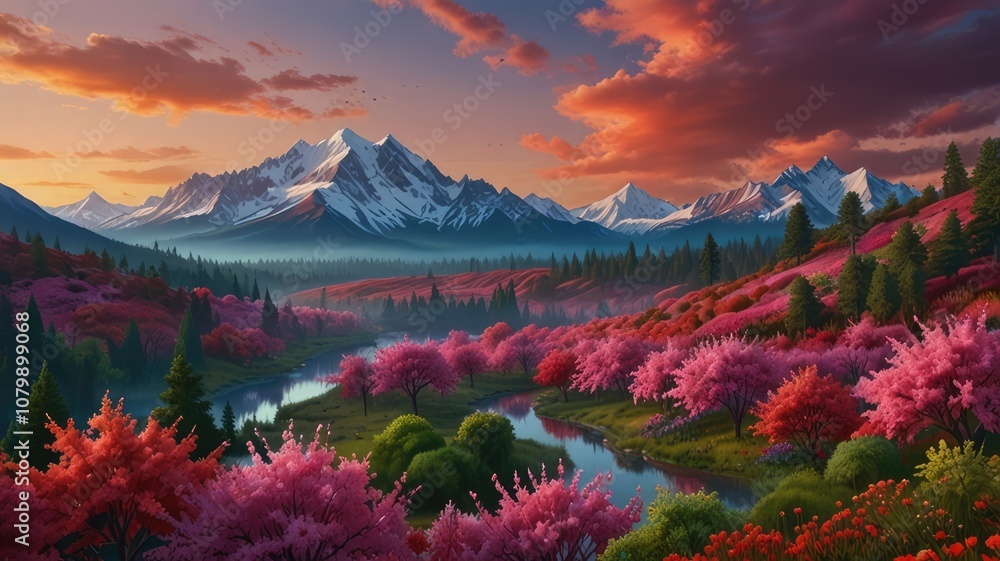 Immerse yourself in a world of vivid hues and stunning scenery. Picture a landscape filled with vibrant trees, majestic pink mountains, and delicate floating flowers, all coming together to create a m Immerse yourself in a world of vivid hues and stunning scenery. Picture a landscape filled with vibrant trees, majestic pink mountains, and delicate floating flowers, all coming together to create a m