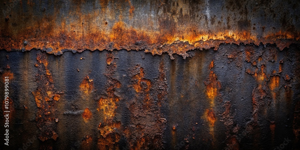 Naklejka premium A textured background of rusted metal, with a dark, weathered surface and a layer of flaky orange rust