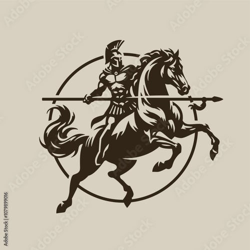 Spartan warrior riders with a spear designed using red grunge brush graphic vector.