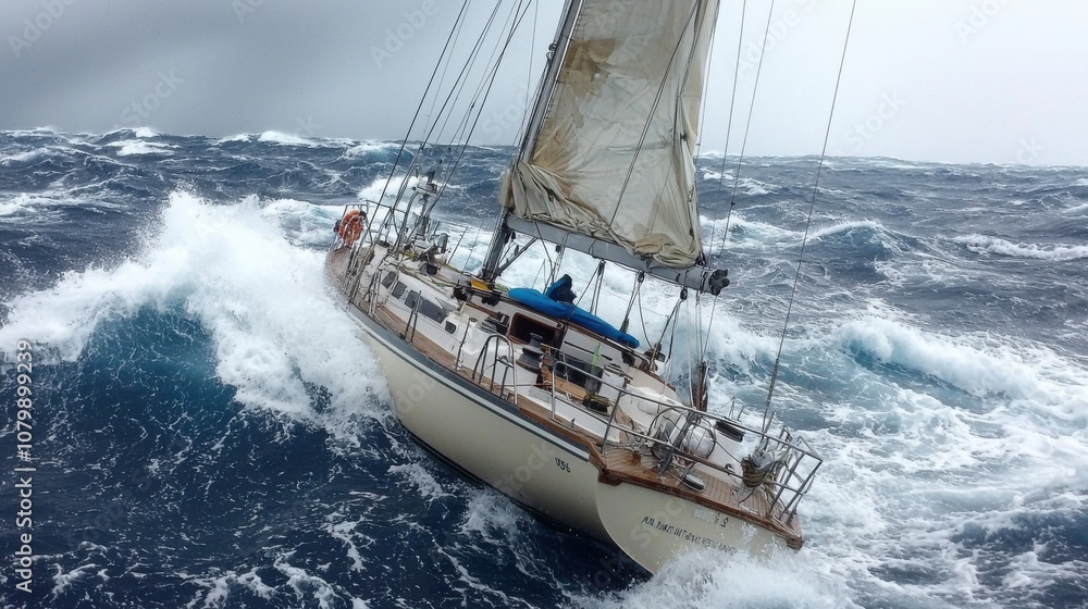 Fototapeta premium Sailboat Navigating Rough Seas in Stormy Weather