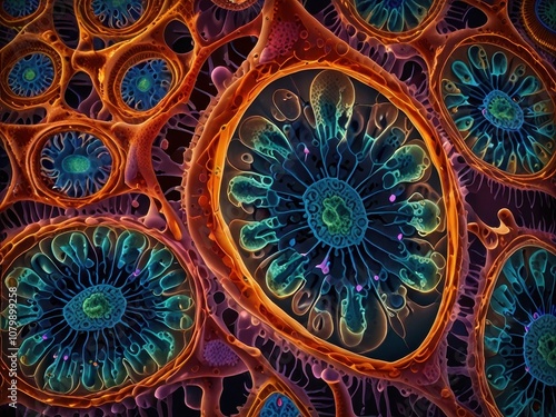 Vibrantly Pulsating Eukaryote Cell with Bustling Organelles and Shimmering Nucleus photo