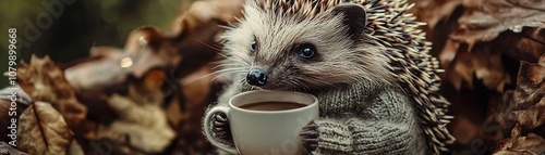 Hedgehog in Cozy Wool Cardigan Sipping Warm Cocoa Shy Yet Content Expression photo