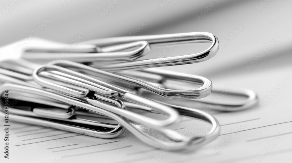 Close-Up View of Shiny Metal Paper Clips Piled on Textured Office Paper, Ideal for Office Supplies and Stationery Photography Close-Up View of Shiny Metal Paper Clips Piled on Textured Office Paper, Ideal for Office Supplies and Stationery Photography
