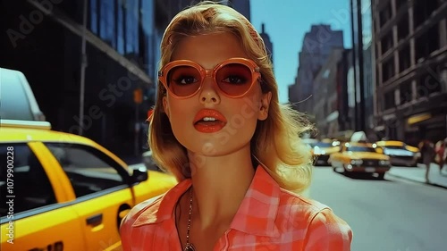 an model wearing a fashion outfit runway, walking on a New York street. 